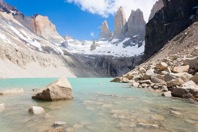 Torres del paine peaks view, chile. base las torres viewpoint. chilean patagonia landscape.