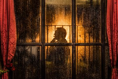 Rear view of woman looking through window