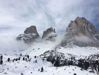 Snow covered mountain against cloudy sky