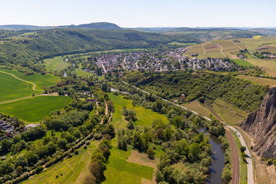 High angle view from the rotenfels of bad muenster am stein ebernburg with the nahe river, germany