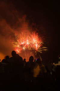 Silhouette people watching firework display at night