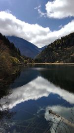 Scenic view of lake by mountains against cloudy sky