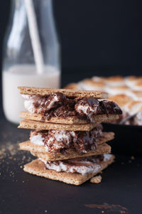 Milk chocolate skillet s'mores with ice cold milk