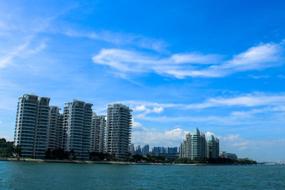 City at waterfront against cloudy sky