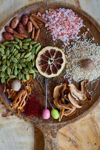 High angle view of fruits in container on table