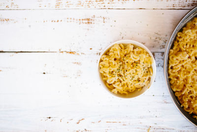 Classic homemade macaroni and cheddar cheese on black plate with a fork on white wooden table.