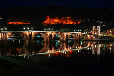 Illuminated bridge over river at night