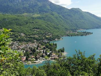 High angle view of bay against mountain