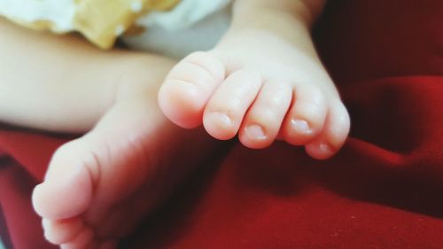 Low section of baby feet on red textile