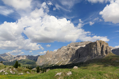 Scenic view of land and mountains against sky