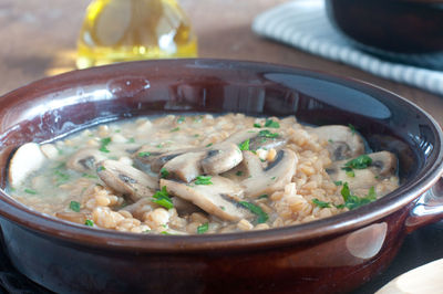 High angle view of soup in bowl on table