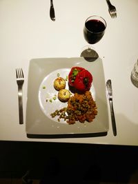 Close-up of served food on table