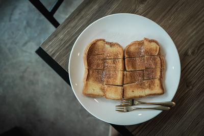 High angle view of breakfast served on table