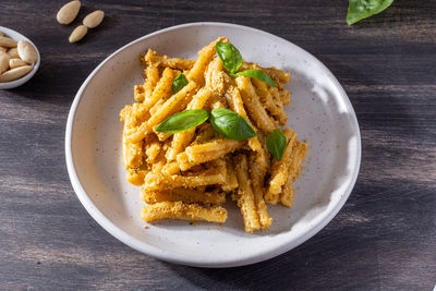 High angle view of food in plate on table
