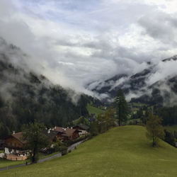 Scenic view of trees and houses against sky