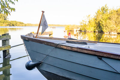 Boat moored in lake against clear sky