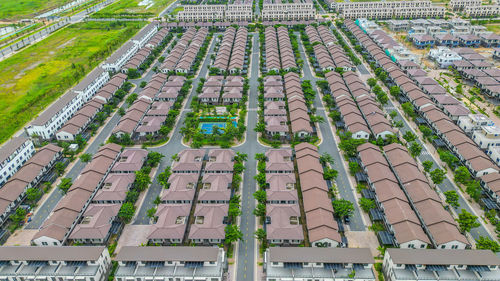 High angle view of buildings in city