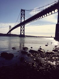 Low angle view of suspension bridge over sea