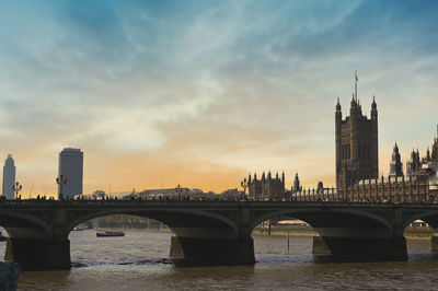 Bridge over river with buildings in background