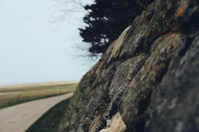 Close-up of rock on road against sky