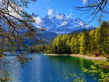 Scenic view of lake and mountains against sky