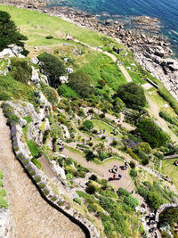 High angle view of trees by sea
