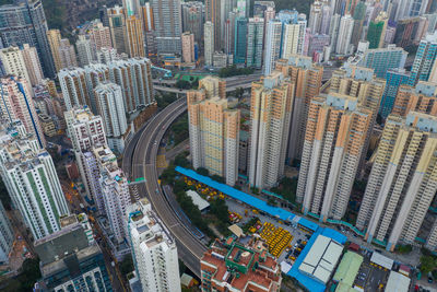 High angle view of modern buildings in city