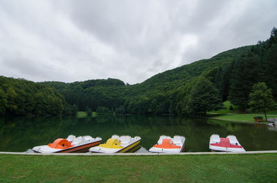 Scenic view of lake by trees against sky