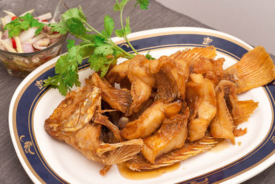 High angle view of food in plate on table