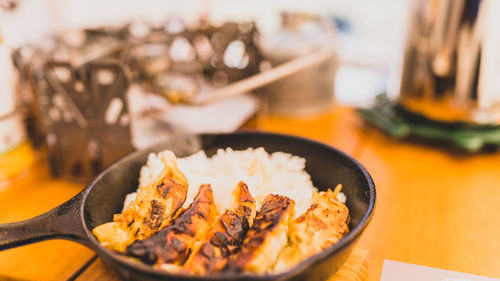 High angle view of food in plate on table