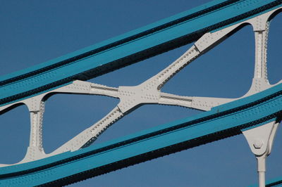 Low angle view of tower bridge railing against clear blue sky