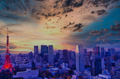 Aerial view of buildings against cloudy sky during sunset