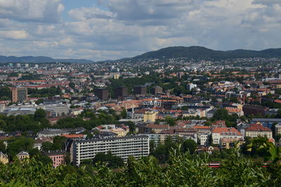 High angle shot of townscape against sky