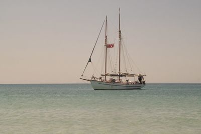 Sailboat sailing on sea against clear sky