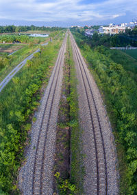High angle view of railroad tracks against sky