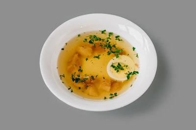 High angle view of soup in bowl on table