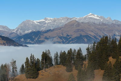 Scenic view of snowcapped mountains against clear sky over fog boundary