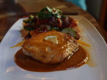 Close-up of burger in plate