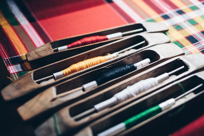 High angle view of multi colored pencils on table