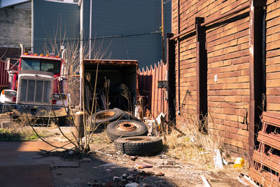 Abandoned tires against the wall