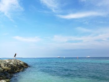 Distant view of woman standing on groyne at beach against sky