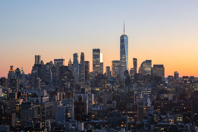 Aerial view of lower manhattan at sunset