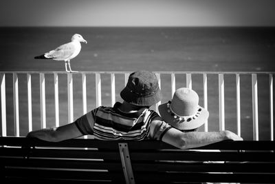 Seagull sitting on railing against sea