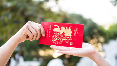 Cropped hand giving new year greeting card to woman