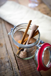 High angle view of jar on table