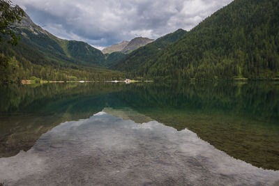 Beautiful view of anterselva lake on cloudy day in the italian dolomites