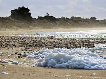 Sea foam on a beach north of the ile de ré, charente-maritime, france, january 23, 2019.