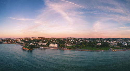 An aerial view of the resort of torquay at sunrise in devon, uk