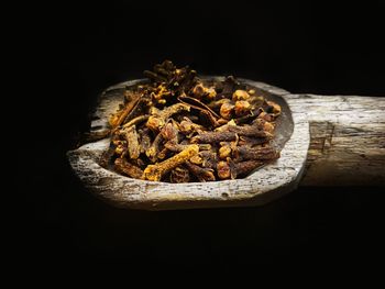 High angle view of food on table against black background