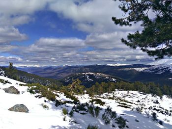 Scenic view of snowcapped mountains against sky